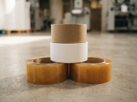 Four rolls of packaging tape stacked on a concrete floor